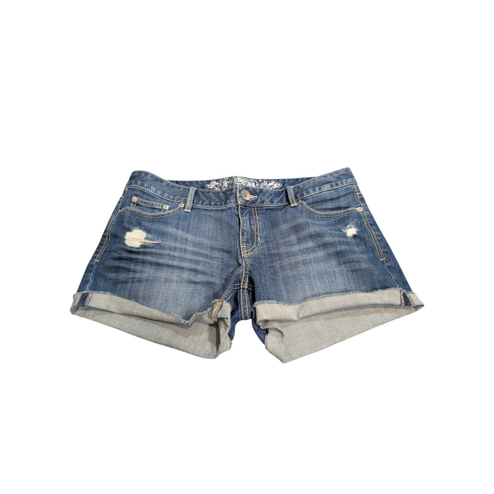 Express Denim Shorts Blue Low Rise Cuffed Distressed Embroidered Pockets Size 12